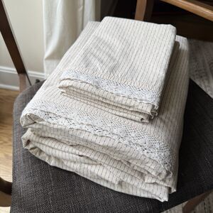 Ralph Lauren VTG Cold Spring Pinstripe Lace Sheet Set Queen Flat Fitted 2 Pillow